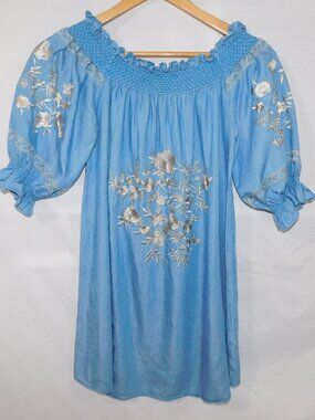 Linea Domani blue Silver embroidered floral Off the Shoulder dress Womens XS